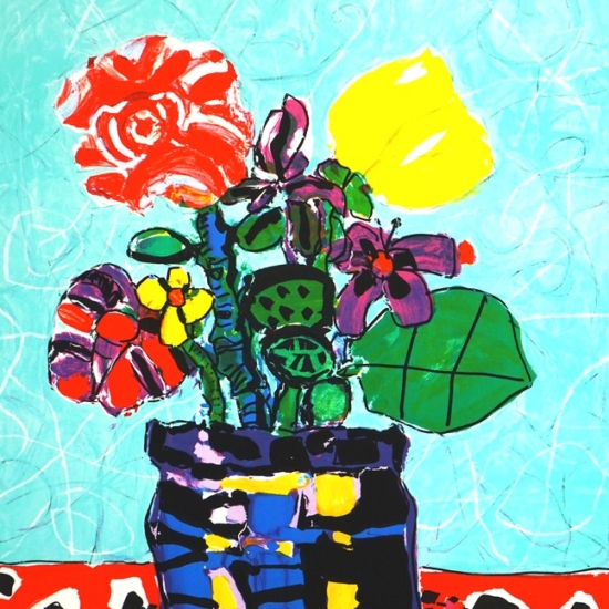 ポール・アイズピリの絵画作品　タイトルは、赤いバラと黄色のチューリップ